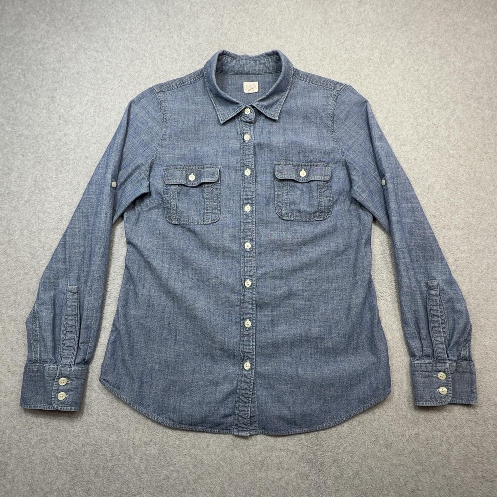 J Crew Perfect Shirt Womens Medium Blue Chambray Roll Tab Sleeve Button Up Top
